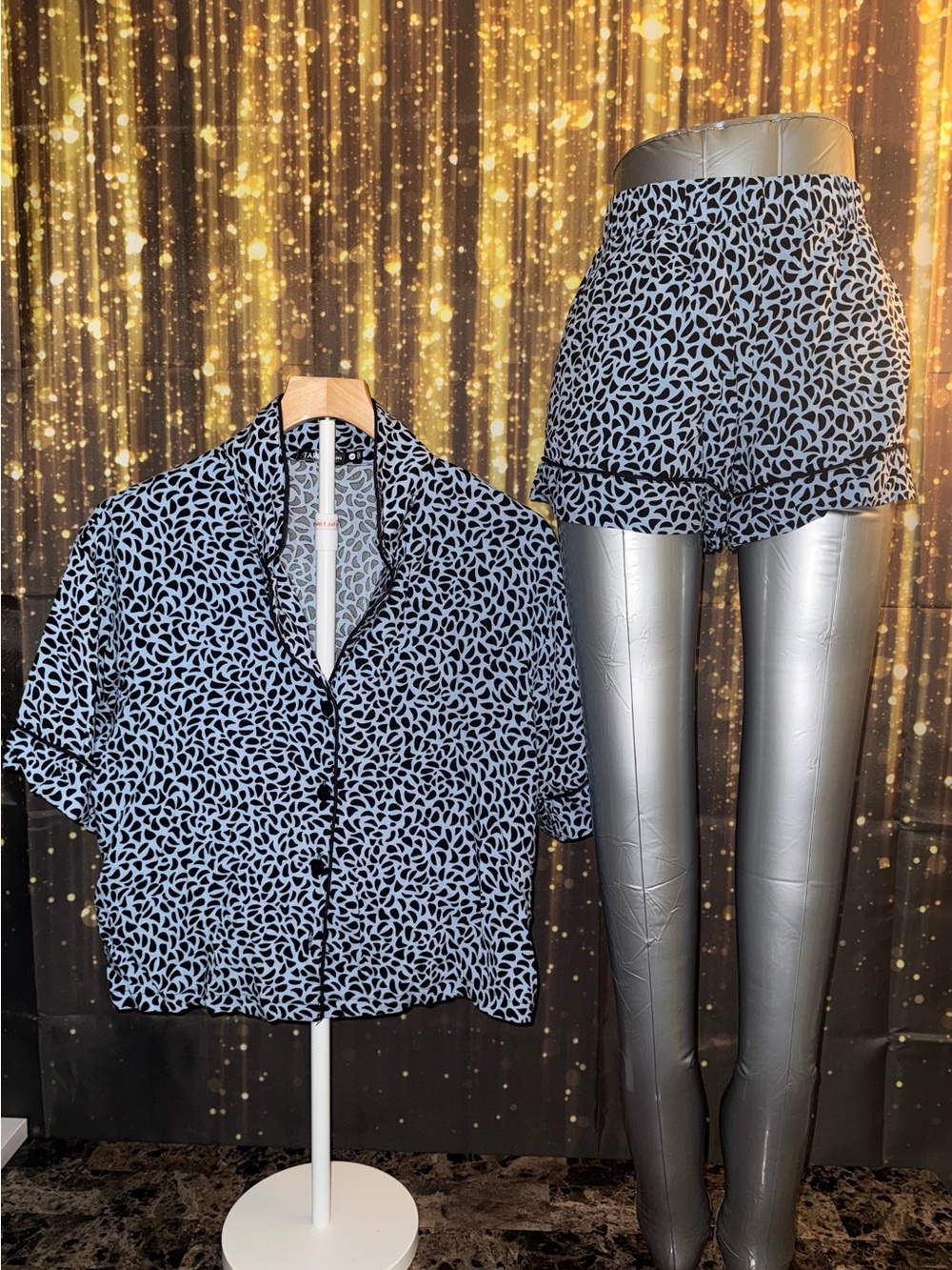 Blue & black Leaf-Print Short Pajama Set